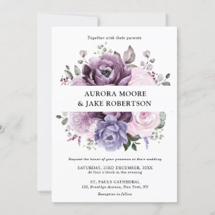 Shades of Dusty Purple Blooms Moody Floral Wedding Invitation