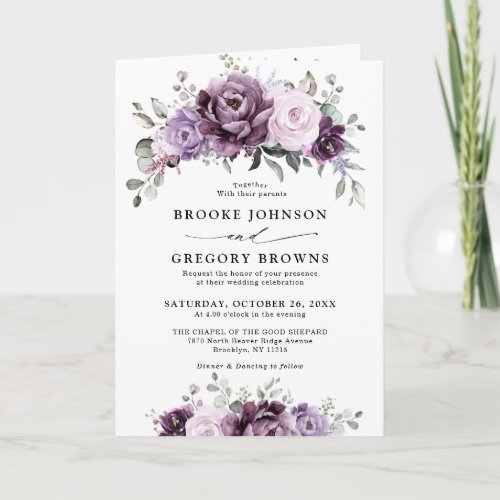 Shades of Dusty Purple Blooms Moody Floral Wedding Invitation