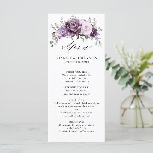 Shades of Dusty Purple Blooms Moody Floral Wedding Menu | Zazzle