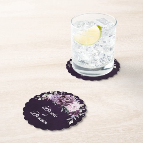 Shades of Dusty Purple Blooms Moody Floral Wedding Paper Coaster