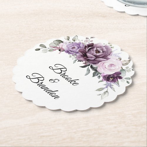 Shades of Dusty Purple Blooms Moody Floral Wedding Paper Coaster