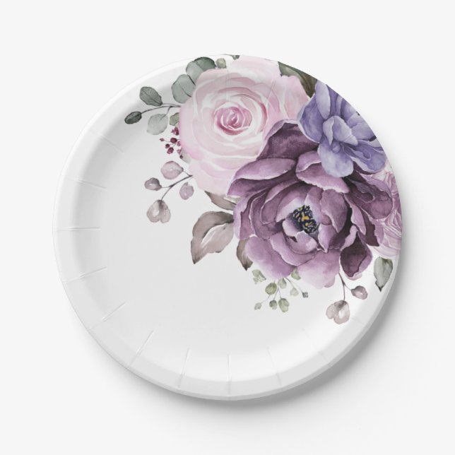 Shades of Dusty Purple Blooms Moody Floral Wedding Paper Plates (Front)