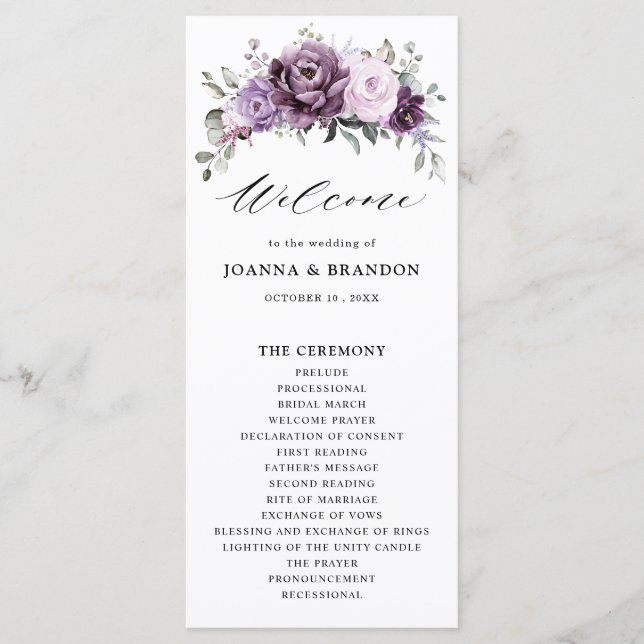 Shades of Dusty Purple Blooms Moody Floral Wedding Program (Front)