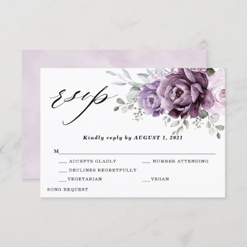 Shades of Dusty Purple Blooms Moody Floral Wedding RSVP Card