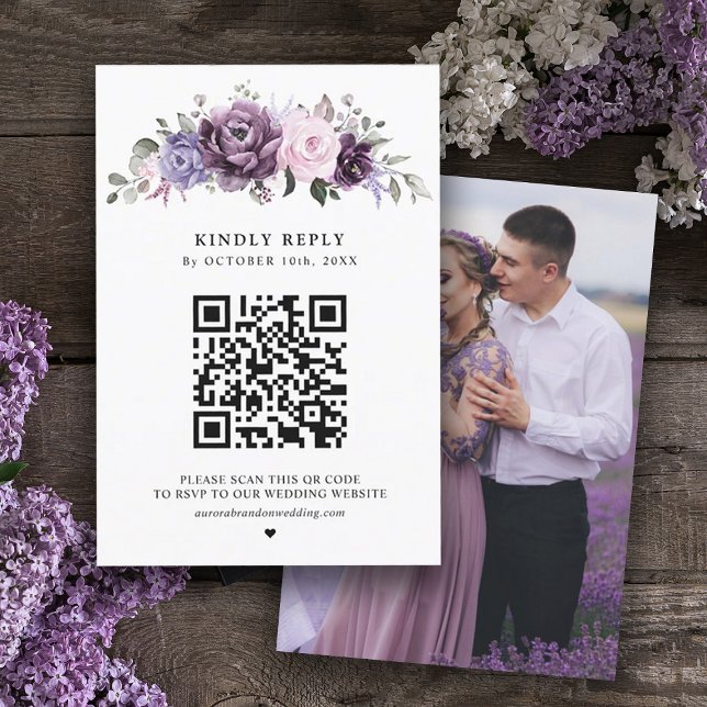 Shades of Dusty Purple Blooms Moody Floral Wedding RSVP Card (Dusty purple lavender QR code RSVP card)