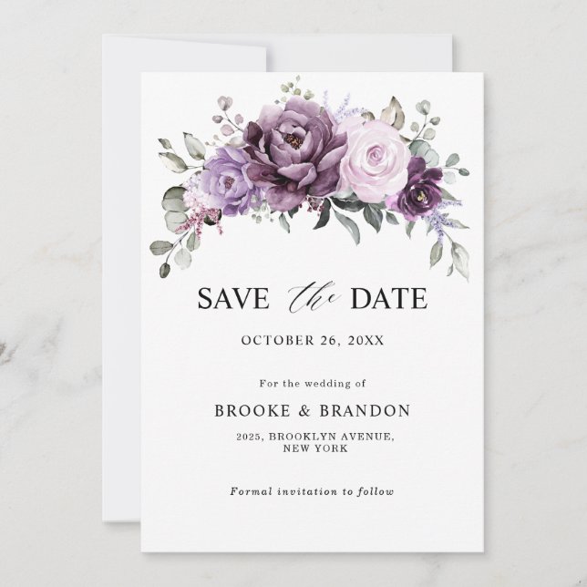 Shades of Dusty Purple Blooms Moody Floral Wedding Save The Date (Front)