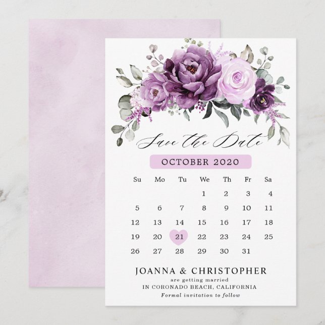 Shades of Dusty Purple Blooms Moody Floral Wedding Save The Date (Front/Back)