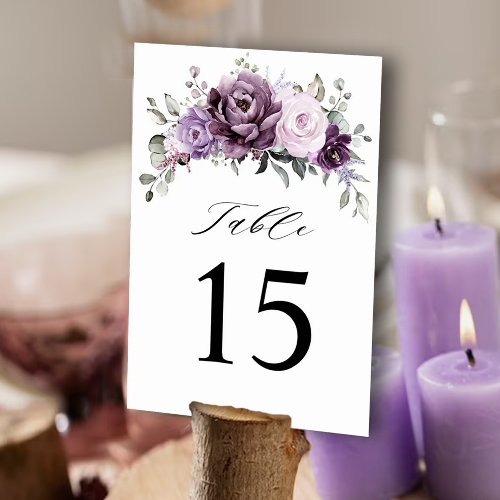 Shades of Dusty Purple Blooms Moody Floral Wedding Table Number