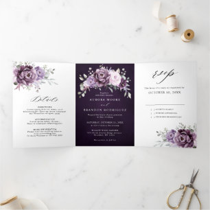 Shades of Dusty Purple Blooms Moody Floral Wedding Tri-Fold Announcement