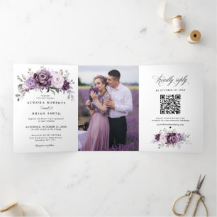 Shades of Dusty Purple Blooms Moody Floral Wedding Tri-Fold Announcement