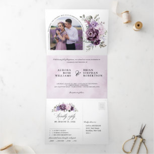 Shades of Dusty Purple Blooms Moody Floral Wedding Tri-Fold Announcement