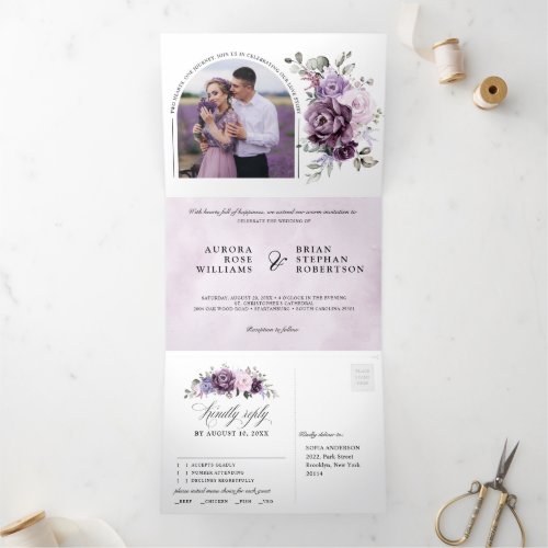 Shades of Dusty Purple Blooms Moody Floral Wedding Tri_Fold Announcement