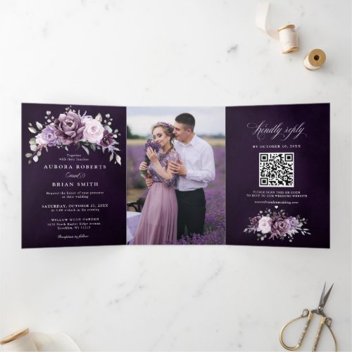 Shades of Dusty Purple Blooms Moody Floral Wedding Tri_Fold Announcement
