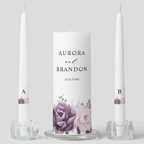 Shades of Dusty Purple Blooms Moody Floral Wedding Unity Candle Set