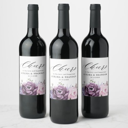 Shades of Dusty Purple Blooms Moody Floral Wedding Wine Label