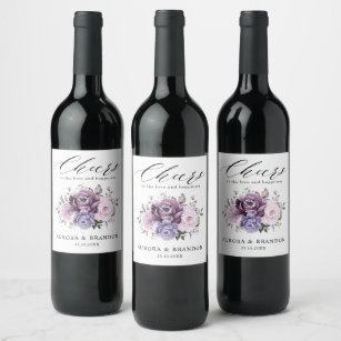 Shades of Dusty Purple Blooms Moody Floral Wedding Wine Label