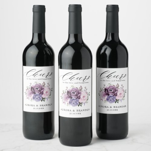 Shades of Dusty Purple Blooms Moody Floral Wedding Wine Label