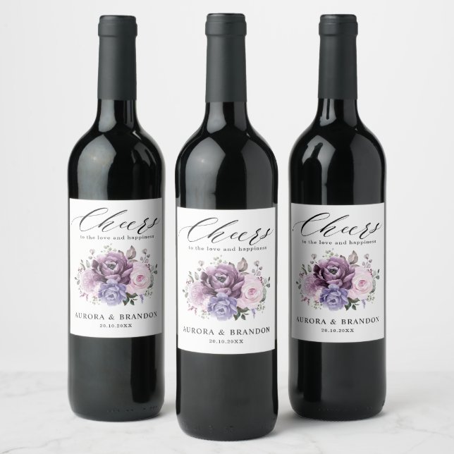 Shades of Dusty Purple Blooms Moody Floral Wedding Wine Label (Bottles)