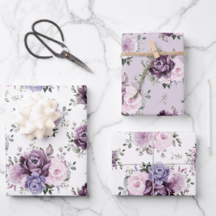 Shades of Dusty Purple Blooms Moody Floral Wedding Wrapping Paper Sheets