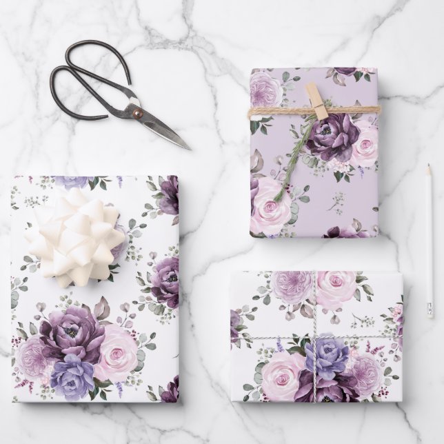 Shades of Dusty Purple Blooms Moody Floral Wedding Wrapping Paper Sheets (Front)