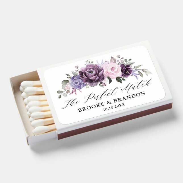 Shades of Dusty Purple Blooms Moody Wedding Favor Matchboxes (Front Open)