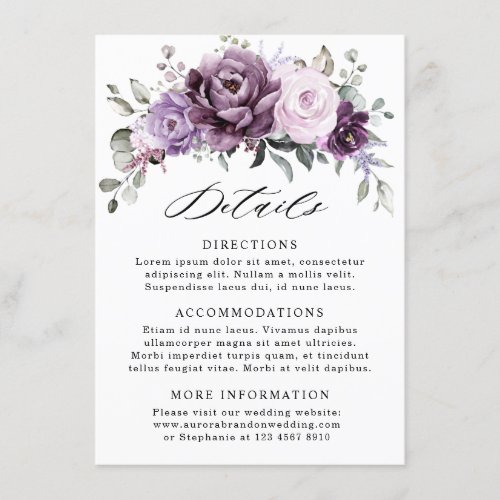 Shades of Dusty Purple Blooms Wedding Details Enclosure Card