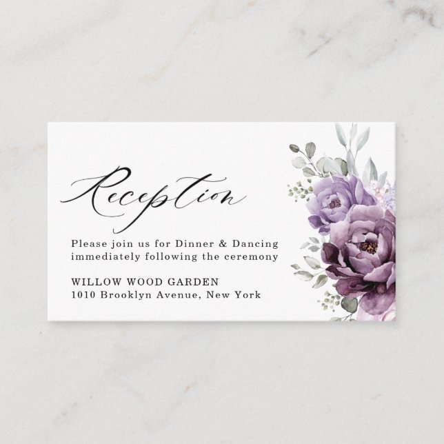 Shades of Dusty Purple Blooms Wedding Reception Enclosure Card (Front)