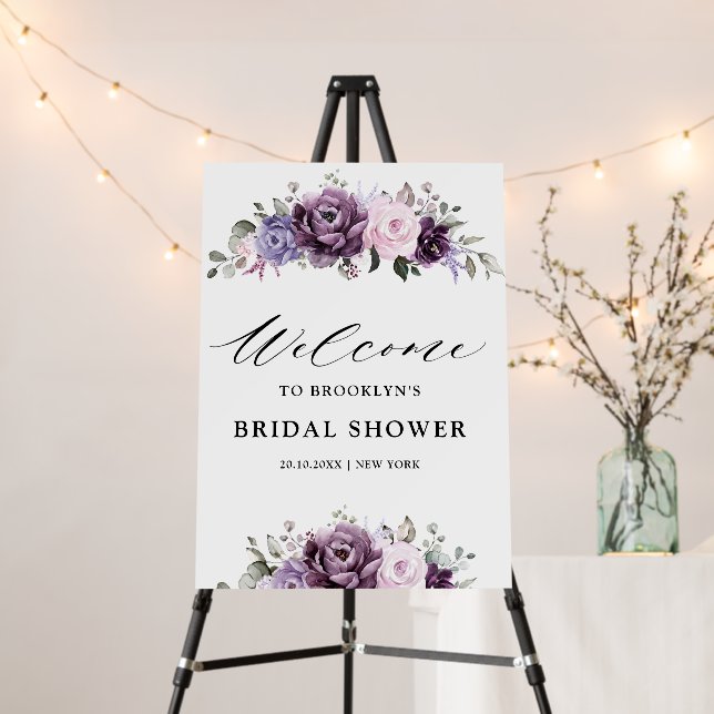 Shades of Dusty Purple Blooms Wedding Welcome Foam Board (In Situ (Stand))