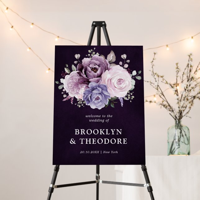 Shades of Dusty Purple Blooms Wedding Welcome Foam Board (In Situ (Stand))