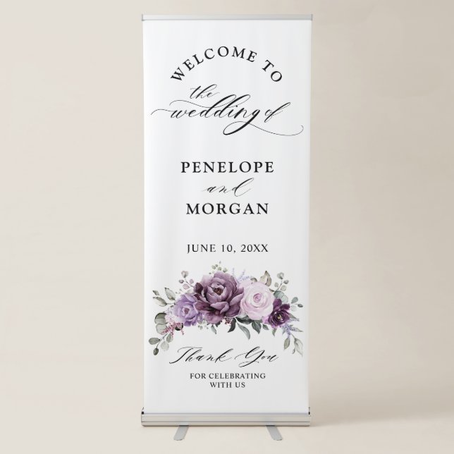 Shades of Dusty Purple Blooms Wedding Welcome Retractable Banner (Front)
