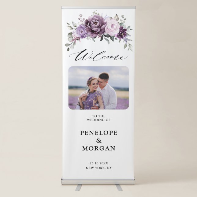 Shades of Dusty Purple Blooms Wedding Welcome Retractable Banner (Front)