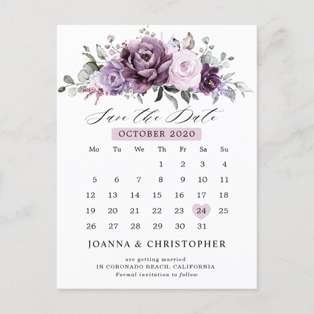 Shades of Dusty Purple Calendar Save the date Postcard (Front)