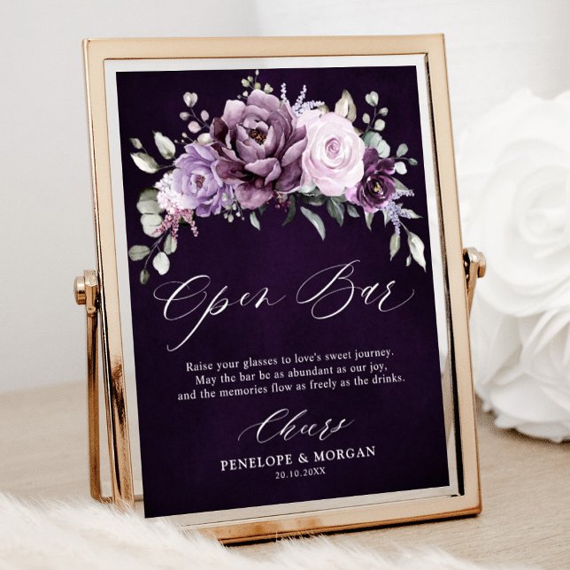Shades of Dusty Purple Wedding Open Bar Sign (Shades of dusty purple blooms floral open bar sign)