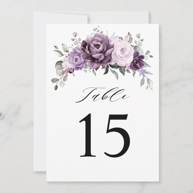 Shades of Dusty Purple Wedding Table Number Card (Front)