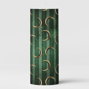 SHADES OF EMERALD GREEN STRIPES WITH GOLD MOONS PILLAR CANDLE