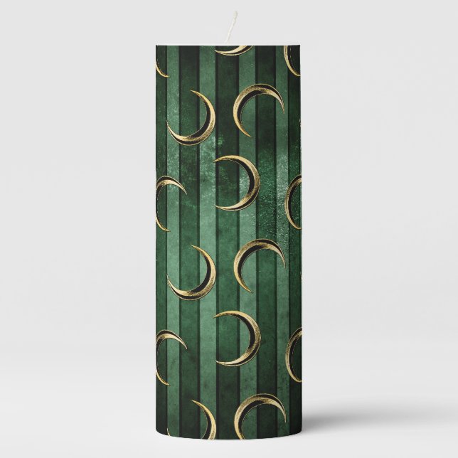 SHADES OF EMERALD GREEN STRIPES WITH GOLD MOONS PILLAR CANDLE (Front)