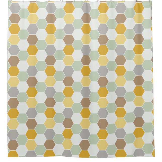 Shades of Gold, White, Gray Honeycomb Pattern Shower Curtain (Front)