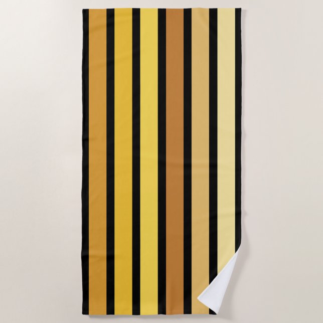 Shades Of Golden Yellow Stripes On Black  Beach Towel (Front)