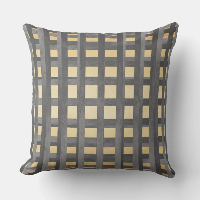 Shades of Gray and Yellow Plaid Outdoor Pillow (Front)