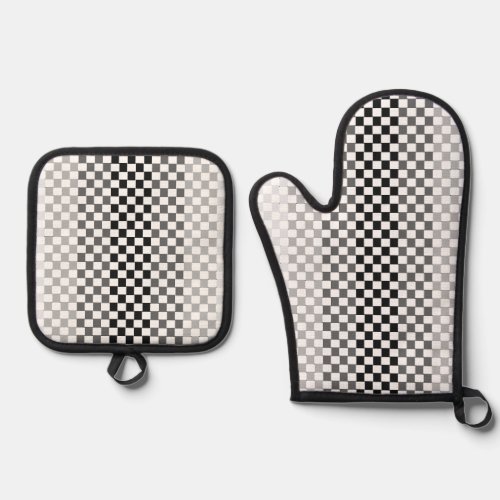 Shades of Gray Black White Checkered  Oven Mitt  Pot Holder Set