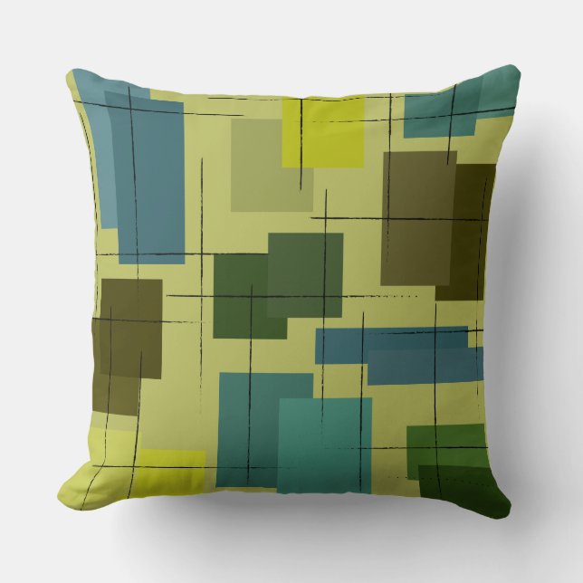Shades of Green and Blue Mid-century Modern Throw Pillow (Front)