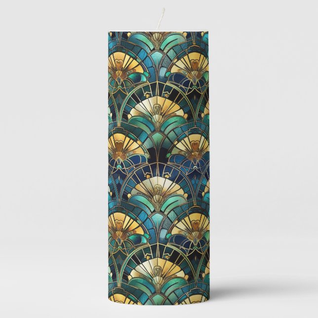 SHADES OF GREEN BLUE & GOLD ART DECO PATTERNS PILLAR CANDLE (Front)