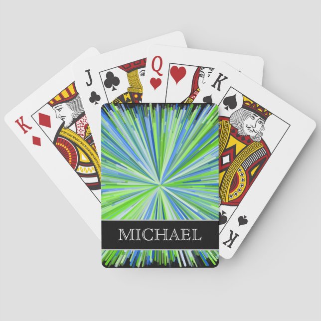 Shades of Green/Blue Line Burst Pattern + Name Poker Cards (Back)