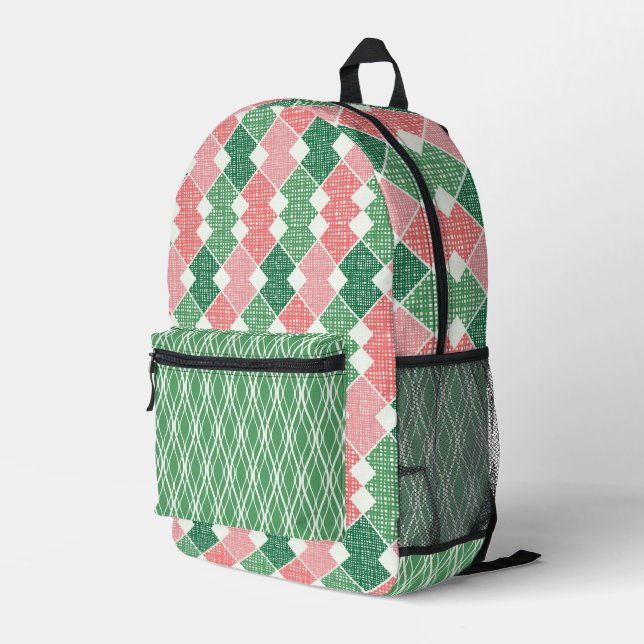 SHADES OF GREEN & CORAL ORANGE GEOMATRIC PATTERNS PRINTED BACKPACK (Back Corner Right)