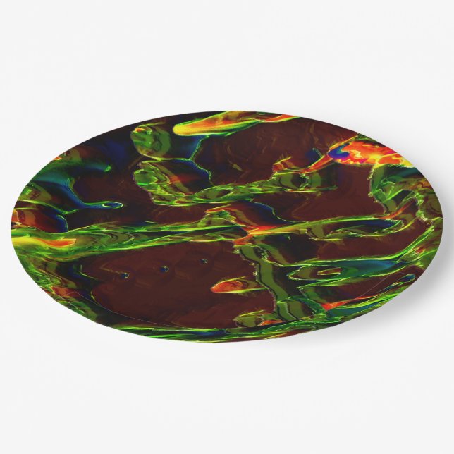 Shades of green drained in flame of fire paper plates (Angled)