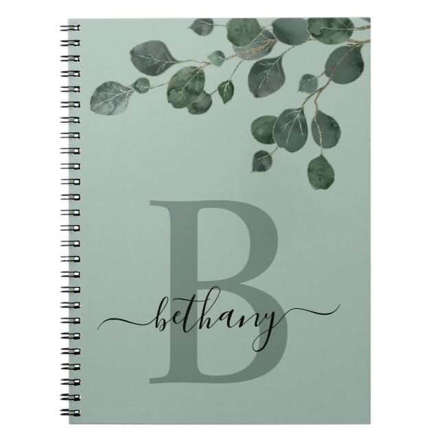 Shades of Green Eucalyptus Botanical Monogram Notebook (Front)