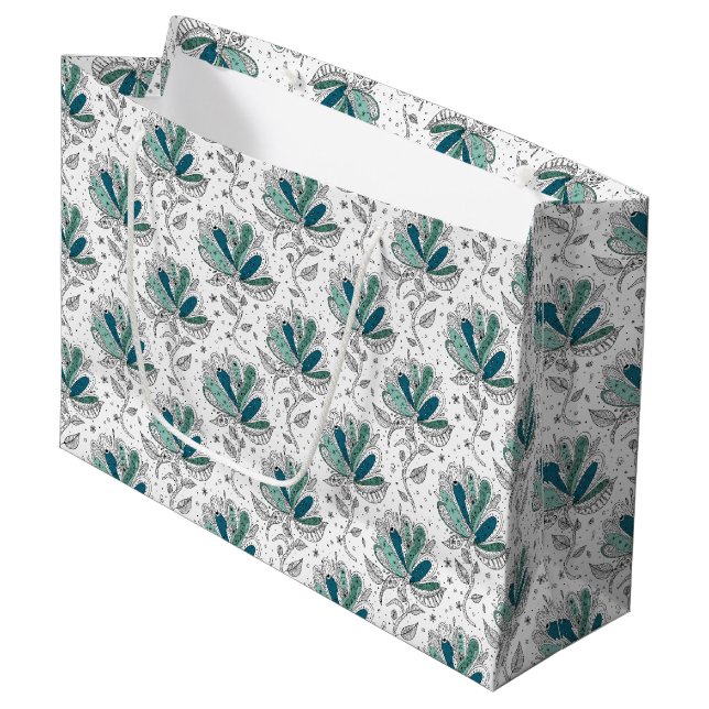 Shades of Green Floral Abstract Doodle Art Style  Large Gift Bag (Front Angled)