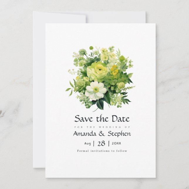 Shades of Green Floral Wedding Save The Date (Front)