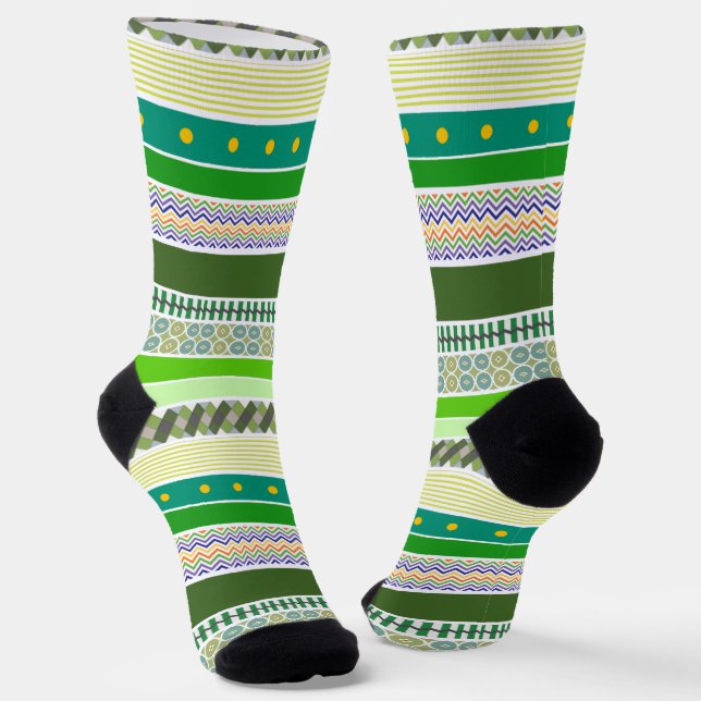Shades of Green Fun, Colorful, Graphic Stripes Socks (Angled)