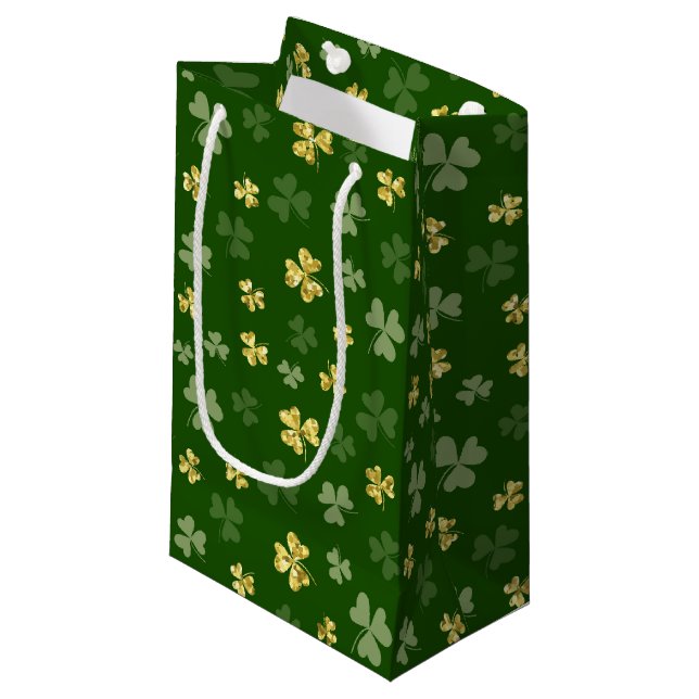 SHADES OF GREEN & GOLD GLITTER LOOK SHAMROCKS SMALL GIFT BAG (Front Angled)